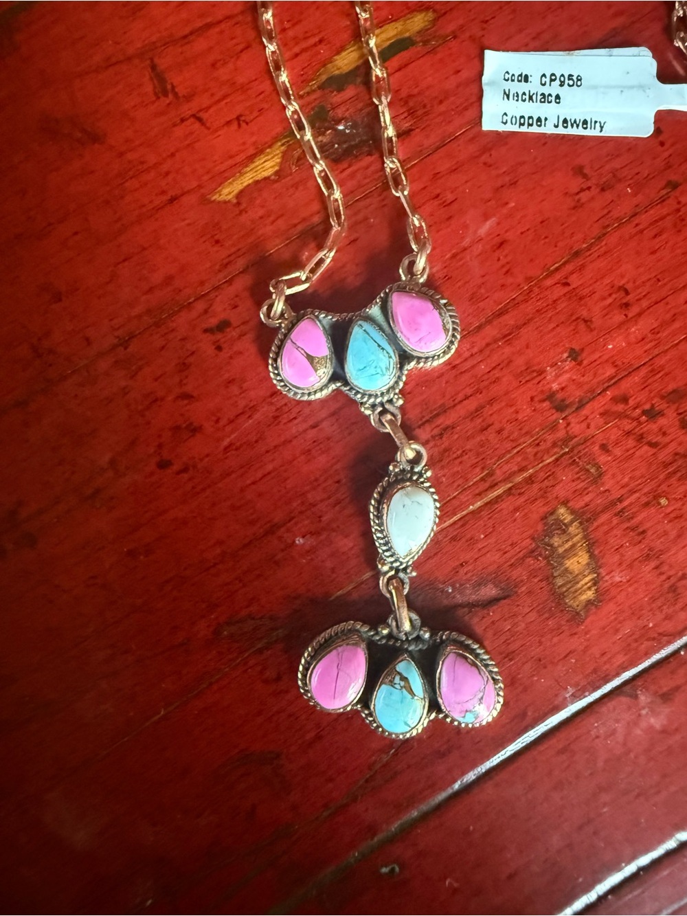 Cotton Candy Turquoise Copper Lariat Y Necklace Pink & Blue Statement Jewelry